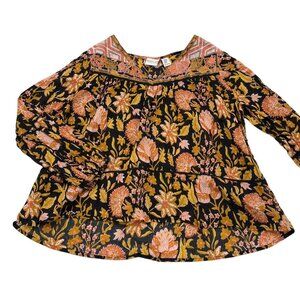 Rachel Zoe Floral Boho Blouse‎ Crochet Detailing Black/Orange Medium